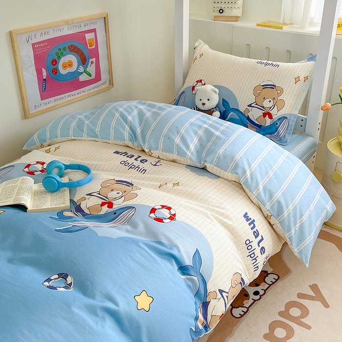 91家纺网 家纺一手货源 找家纺 绵庭家纺 2024新款全棉印花学生季宿舍三件套 海豚船长