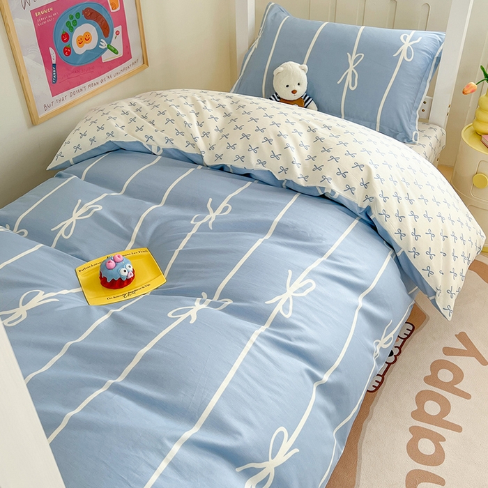 91家纺网 家纺一手货源 找家纺 绵庭家纺 2024新款全棉印花学生季宿舍三件套 芭蕾竖条结 兰