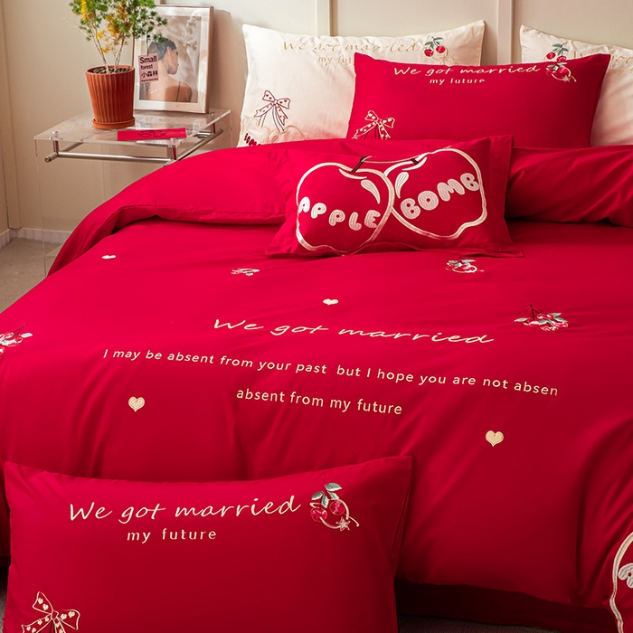 91家纺网 家纺一手货源 找家纺  婚庆100支贡缎长绒棉四件套全棉纯棉刺绣结婚床单被套红色纯色床笠款床上用品 苹安喜乐-喜庆红