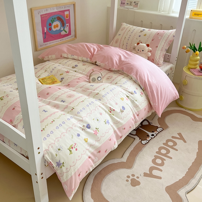 91家纺网 家纺一手货源 找家纺 绵庭家纺 2024新款全棉印花学生季宿舍三件套 花朵兔兔