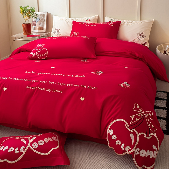 91家纺网 家纺一手货源 找家纺  婚庆100支贡缎长绒棉四件套全棉纯棉刺绣结婚床单被套红色纯色床笠款床上用品 苹安喜乐-喜庆红
