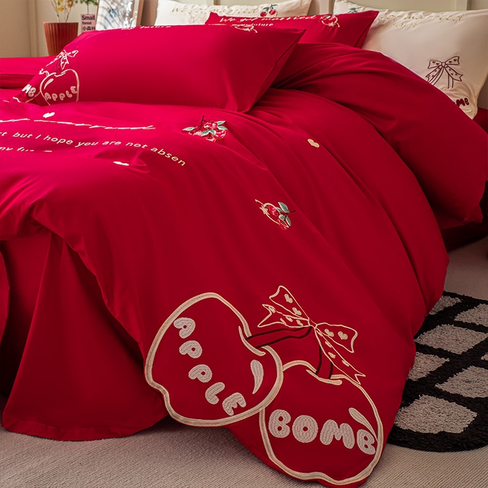 91家纺网 家纺一手货源 找家纺  婚庆100支贡缎长绒棉四件套全棉纯棉刺绣结婚床单被套红色纯色床笠款床上用品 苹安喜乐-喜庆红