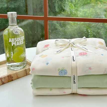 91家纺网 家纺一手货源 找家纺 麦伦 2024春夏新品全棉有氧双层纱印花系列四件套-叠拍图（2） 南瓜