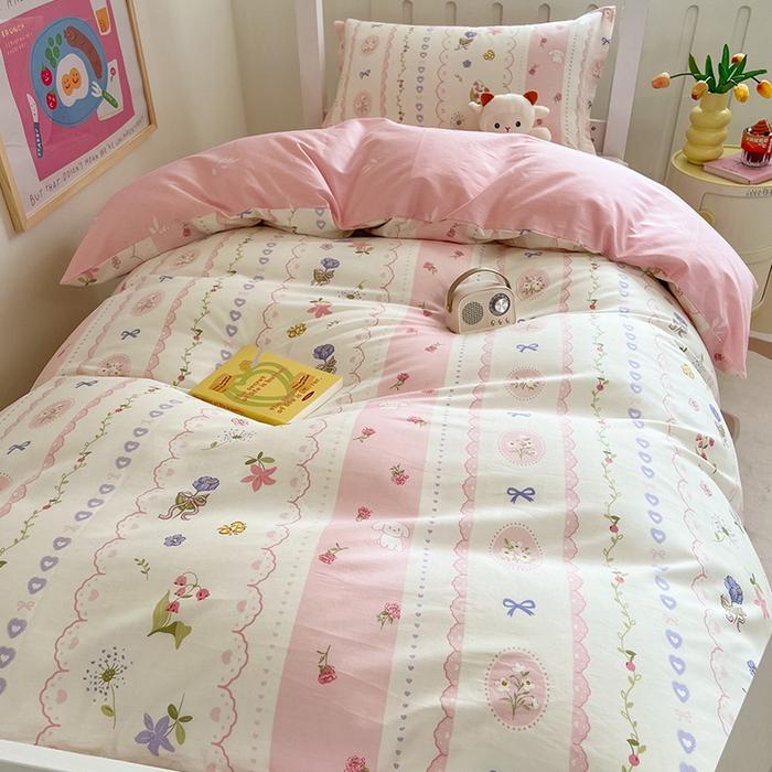 91家纺网 家纺一手货源 找家纺 绵庭家纺 2024新款全棉印花学生季宿舍三件套 花朵兔兔