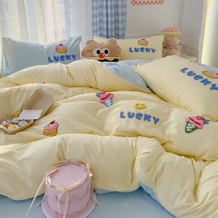 颜选 2024新款小清新水洗棉立体毛巾绣四件套-生日派对 生日派对+奶蓝