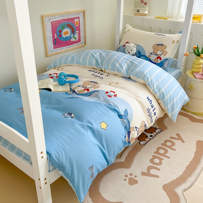 91家纺网 家纺一手货源 找家纺 绵庭家纺 2024新款全棉印花学生季宿舍三件套 海豚船长