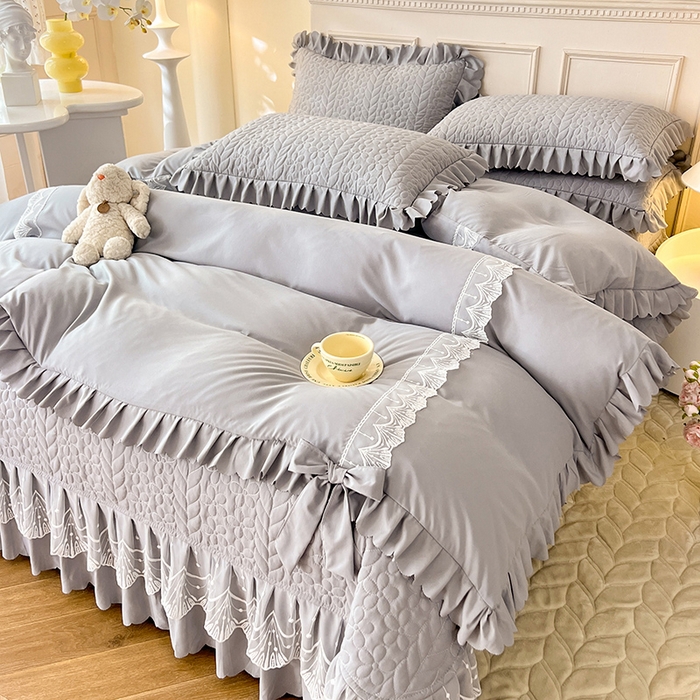 91家纺网 家纺一手货源 找家纺 唐人居 2025新款韩式花边蝴蝶结床盖四件套-优雅恋人 优雅恋人-浅灰