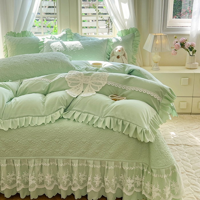 91家纺网 家纺一手货源 找家纺 唐人居 2025新款韩式花边蝴蝶结床盖四件套-浪漫满屋 浪漫满屋-水绿