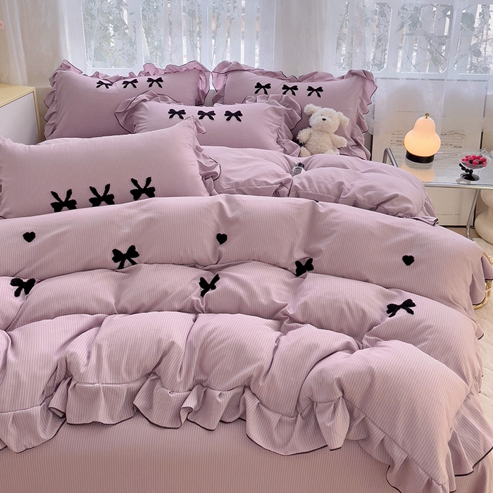 91家纺网 家纺一手货源 找家纺 梦之岛 2024新款超柔泡泡棉皱皱纱蝴蝶结毛巾绣四件套 蝴蝶结-紫