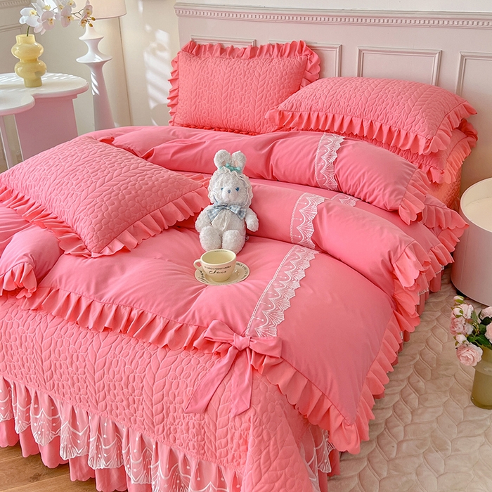 91家纺网 家纺一手货源 找家纺 唐人居 2025新款韩式花边蝴蝶结床盖四件套-优雅恋人 优雅恋人-红玉