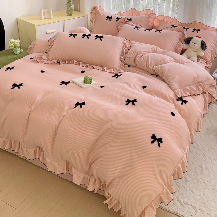 91家纺网 家纺一手货源 找家纺 梦之岛 2024新款超柔泡泡棉皱皱纱蝴蝶结毛巾绣四件套 蝴蝶结-玉