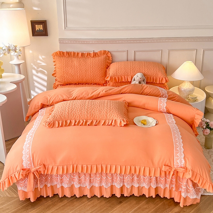 91家纺网 家纺一手货源 找家纺 唐人居 2025新款韩式花边蝴蝶结床盖四件套-优雅恋人 优雅恋人-橘橙