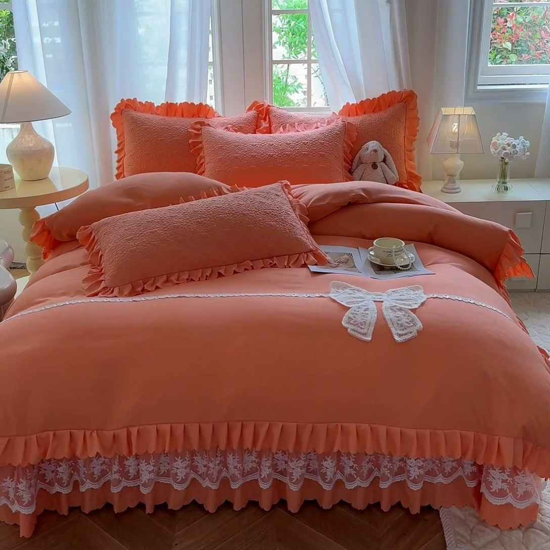 91家纺网 家纺一手货源 找家纺 唐人居 2025新款韩式花边蝴蝶结床盖四件套-浪漫满屋 浪漫满屋-橘橙
