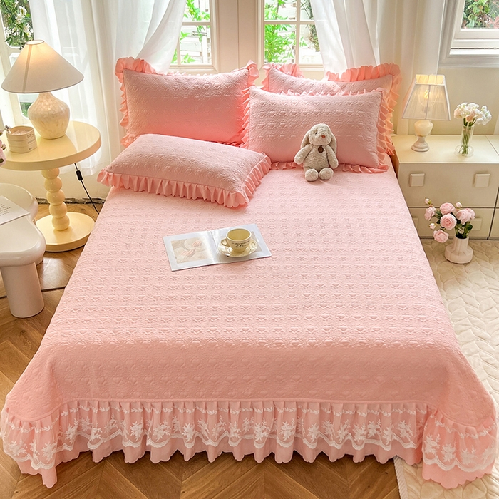 91家纺网 家纺一手货源 找家纺 唐人居 2025新款韩式花边蝴蝶结床盖四件套-浪漫满屋 浪漫满屋-浅粉