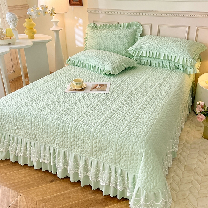 91家纺网 家纺一手货源 找家纺 唐人居 2025新款韩式花边蝴蝶结床盖四件套-优雅恋人 优雅恋人-水绿