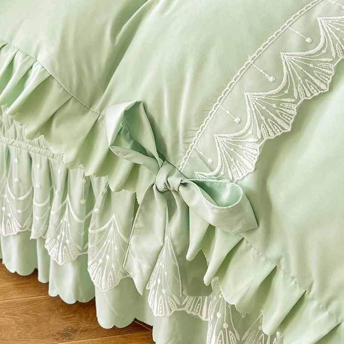 91家纺网 家纺一手货源 找家纺 唐人居 2025新款韩式花边蝴蝶结床盖四件套-优雅恋人 优雅恋人-水绿
