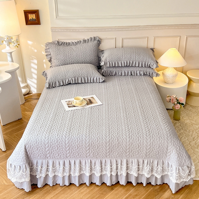 91家纺网 家纺一手货源 找家纺 唐人居 2025新款韩式花边蝴蝶结床盖四件套-优雅恋人 优雅恋人-浅灰