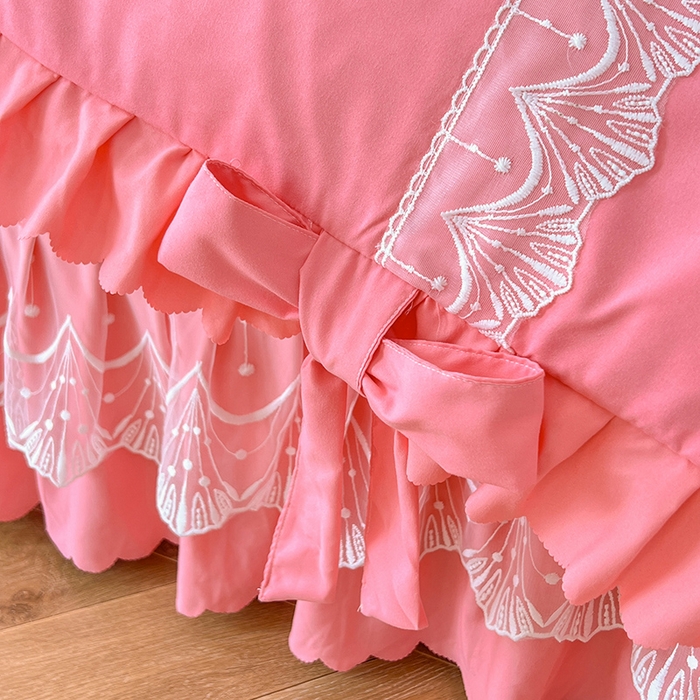 91家纺网 家纺一手货源 找家纺 唐人居 2025新款韩式花边蝴蝶结床盖四件套-优雅恋人 优雅恋人-红玉