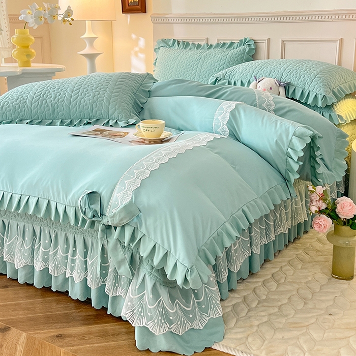 91家纺网 家纺一手货源 找家纺 唐人居 2025新款韩式花边蝴蝶结床盖四件套-优雅恋人 优雅恋人-水兰