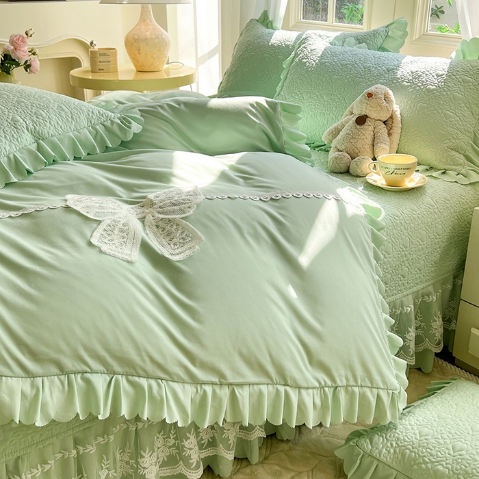91家纺网 家纺一手货源 找家纺 唐人居 2025新款韩式花边蝴蝶结床盖四件套-浪漫满屋 浪漫满屋-水绿