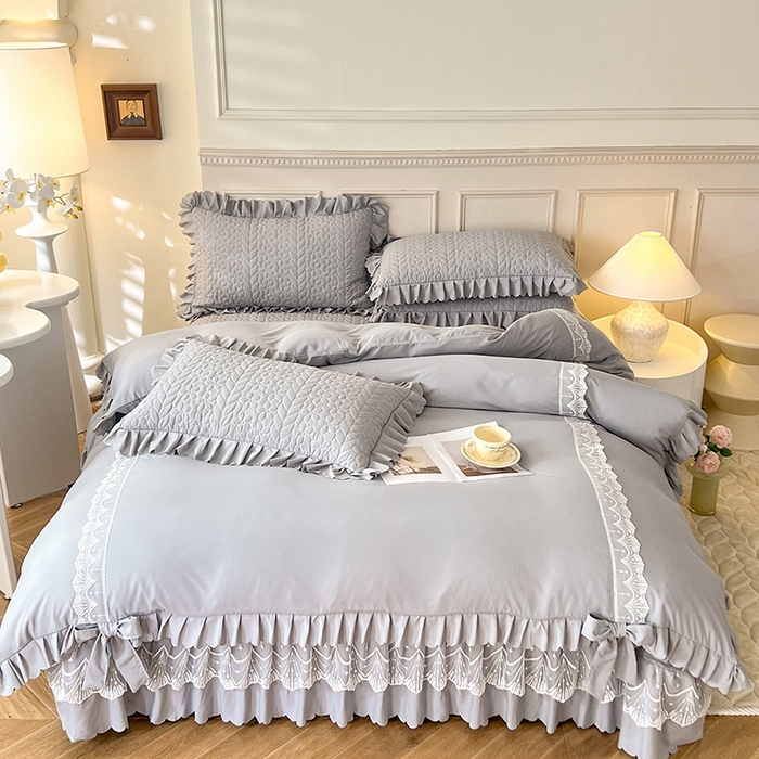 91家纺网 家纺一手货源 找家纺 唐人居 2025新款韩式花边蝴蝶结床盖四件套-优雅恋人 优雅恋人-浅灰