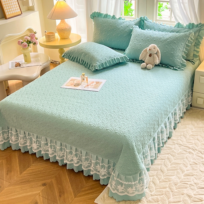 91家纺网 家纺一手货源 找家纺 唐人居 2025新款韩式花边蝴蝶结床盖四件套-浪漫满屋 浪漫满屋-水兰