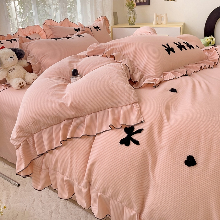 91家纺网 家纺一手货源 找家纺 梦之岛 2024新款超柔泡泡棉皱皱纱蝴蝶结毛巾绣四件套 蝴蝶结-玉