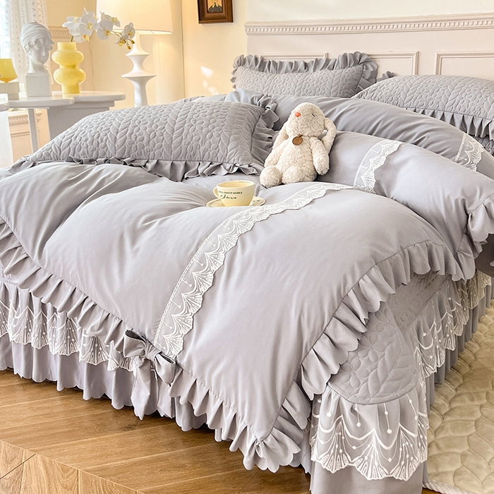 91家纺网 家纺一手货源 找家纺 唐人居 2025新款韩式花边蝴蝶结床盖四件套-优雅恋人 优雅恋人-浅灰