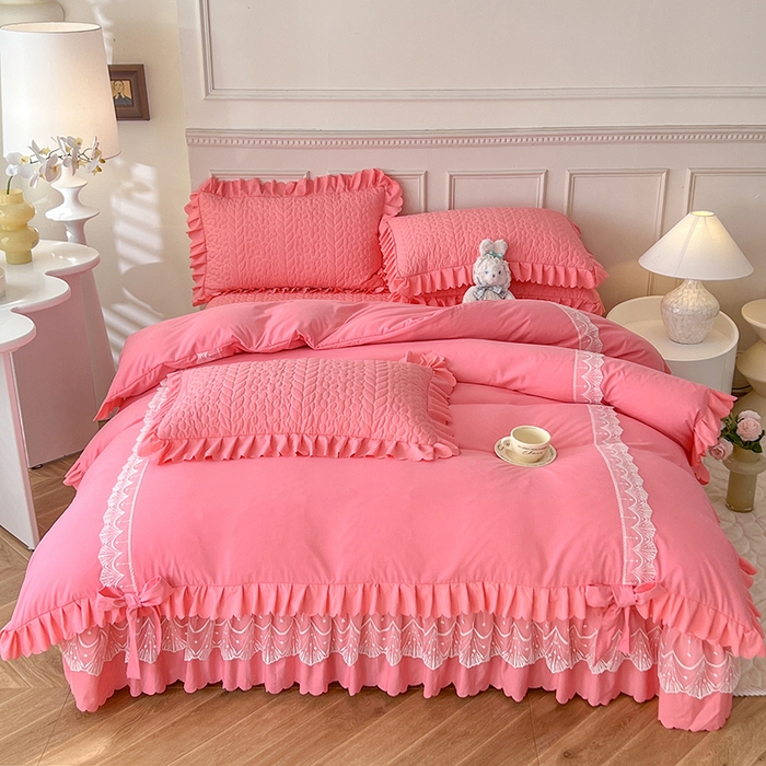 91家纺网 家纺一手货源 找家纺 唐人居 2025新款韩式花边蝴蝶结床盖四件套-优雅恋人 优雅恋人-红玉