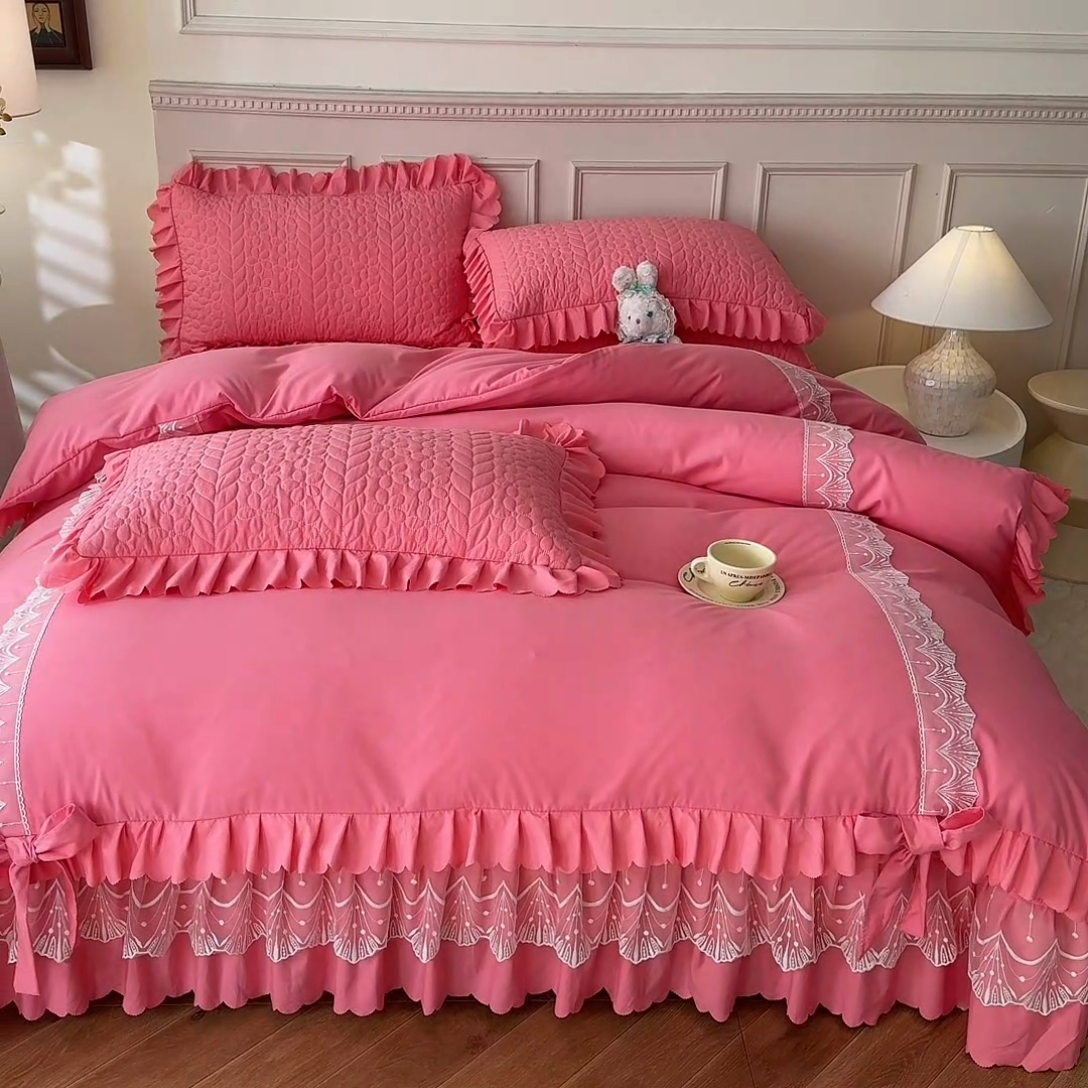 91家纺网 家纺一手货源 找家纺 唐人居 2025新款韩式花边蝴蝶结床盖四件套-优雅恋人 优雅恋人-红玉