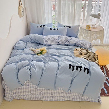 91家纺网 家纺一手货源 找家纺 玉海棠家纺 2024新款超柔云朵棉毛巾绣四件套 蝴蝶结-蓝