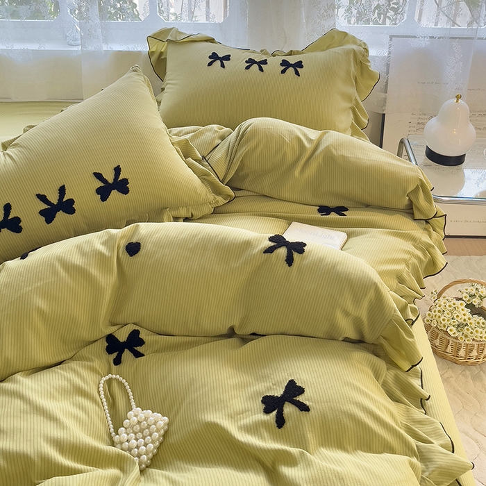 91家纺网 家纺一手货源 找家纺 （总）梦之岛 2024新款超柔泡泡棉皱皱纱蝴蝶结毛巾绣四件套