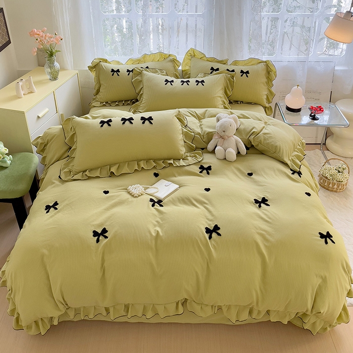 91家纺网 家纺一手货源 找家纺 梦之岛 2024新款超柔泡泡棉皱皱纱蝴蝶结毛巾绣四件套 蝴蝶结-绿