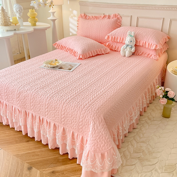 91家纺网 家纺一手货源 找家纺 唐人居 2025新款韩式花边蝴蝶结床盖四件套-优雅恋人 优雅恋人-浅粉