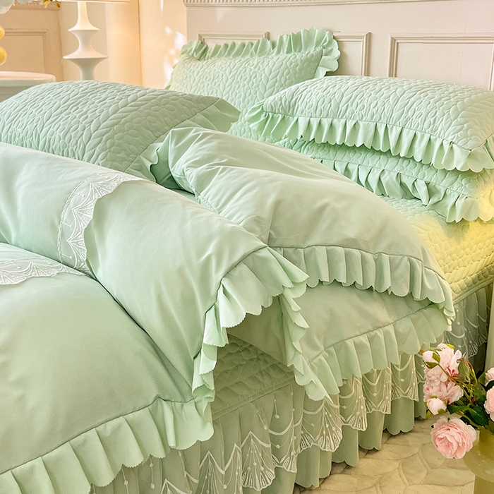 91家纺网 家纺一手货源 找家纺 唐人居 2025新款韩式花边蝴蝶结床盖四件套-优雅恋人 优雅恋人-水绿