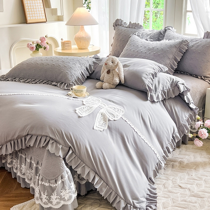 91家纺网 家纺一手货源 找家纺 唐人居 2025新款韩式花边蝴蝶结床盖四件套-浪漫满屋 浪漫满屋-浅灰