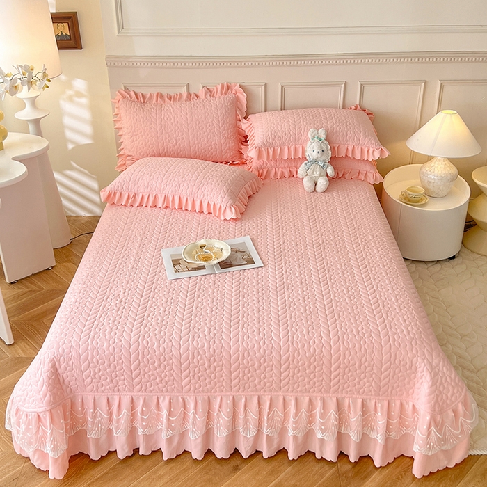 91家纺网 家纺一手货源 找家纺 唐人居 2025新款韩式花边蝴蝶结床盖四件套-优雅恋人 优雅恋人-浅粉