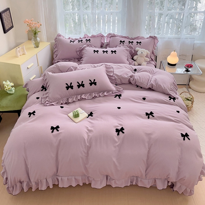 91家纺网 家纺一手货源 找家纺 梦之岛 2024新款超柔泡泡棉皱皱纱蝴蝶结毛巾绣四件套 蝴蝶结-紫