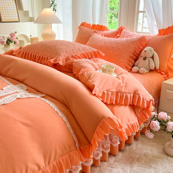 91家纺网 家纺一手货源 找家纺 唐人居 2025新款韩式花边蝴蝶结床盖四件套-浪漫满屋 浪漫满屋-橘橙