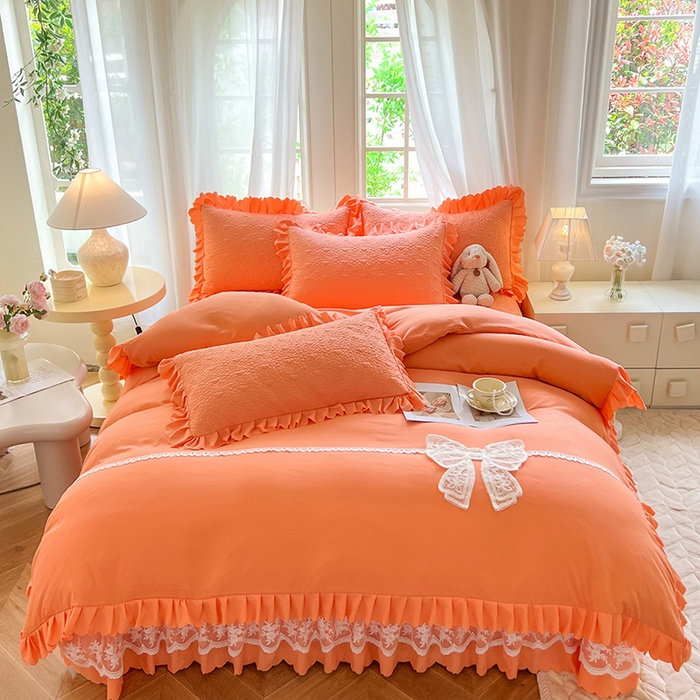 91家纺网 家纺一手货源 找家纺 唐人居 2025新款韩式花边蝴蝶结床盖四件套-浪漫满屋 浪漫满屋-橘橙