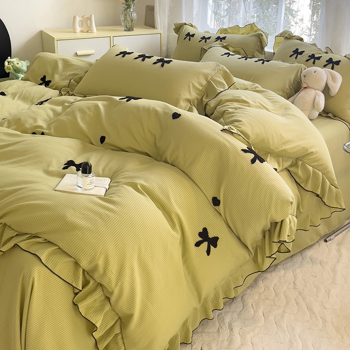 91家纺网 家纺一手货源 找家纺 （总）梦之岛 2024新款超柔泡泡棉皱皱纱蝴蝶结毛巾绣四件套