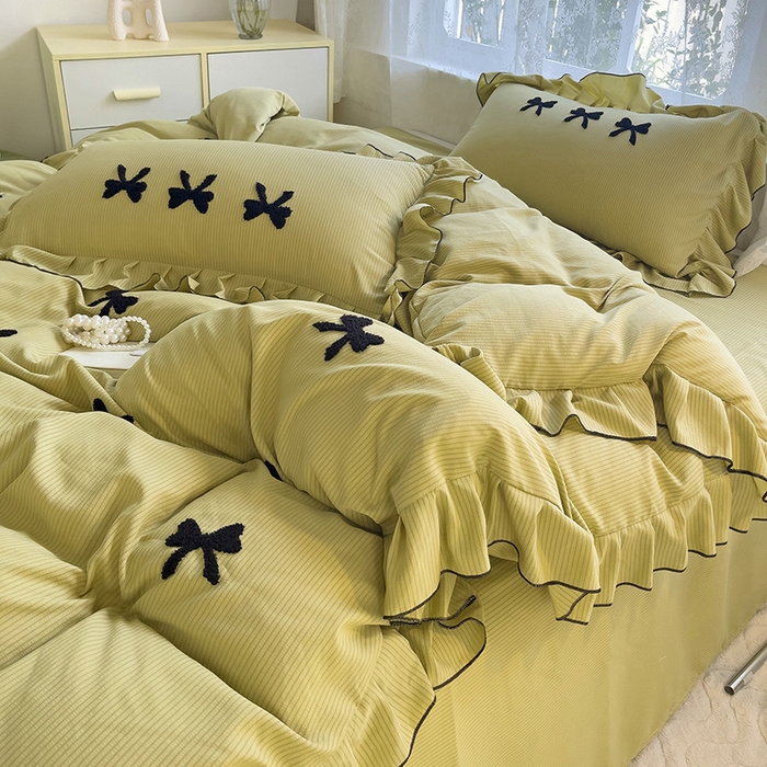 91家纺网 家纺一手货源 找家纺 （总）梦之岛 2024新款超柔泡泡棉皱皱纱蝴蝶结毛巾绣四件套