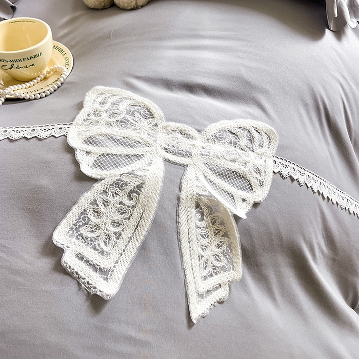 91家纺网 家纺一手货源 找家纺 唐人居 2025新款韩式花边蝴蝶结床盖四件套-浪漫满屋 浪漫满屋-浅灰