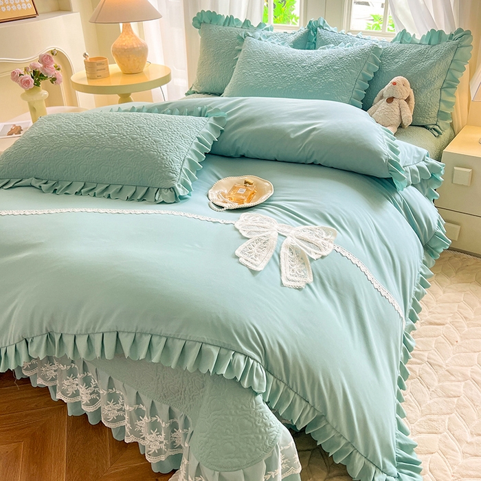 91家纺网 家纺一手货源 找家纺 唐人居 2025新款韩式花边蝴蝶结床盖四件套-浪漫满屋 浪漫满屋-水兰