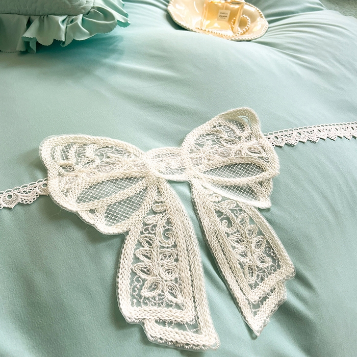 91家纺网 家纺一手货源 找家纺 唐人居 2025新款韩式花边蝴蝶结床盖四件套-浪漫满屋 浪漫满屋-水兰