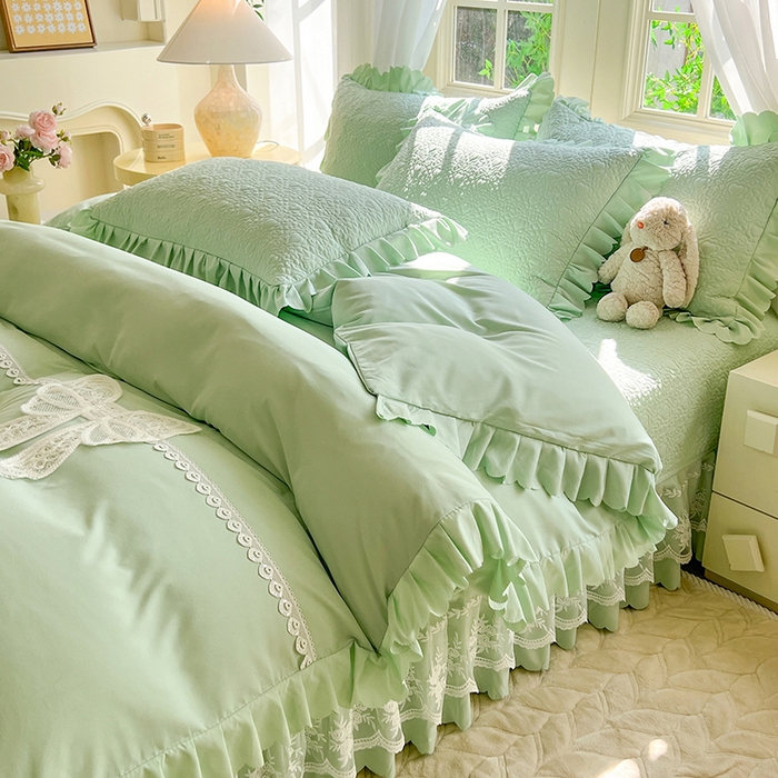 91家纺网 家纺一手货源 找家纺 唐人居 2025新款韩式花边蝴蝶结床盖四件套-浪漫满屋 浪漫满屋-水绿