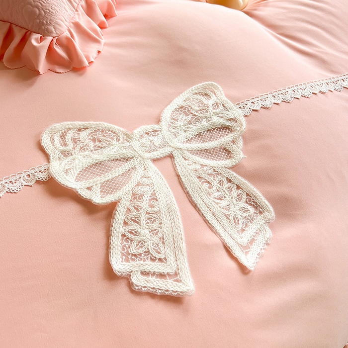 91家纺网 家纺一手货源 找家纺 唐人居 2025新款韩式花边蝴蝶结床盖四件套-浪漫满屋 浪漫满屋-浅粉