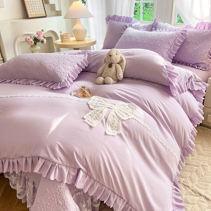 91家纺网 家纺一手货源 找家纺 唐人居 2025新款韩式花边蝴蝶结床盖四件套-浪漫满屋 浪漫满屋-浅紫