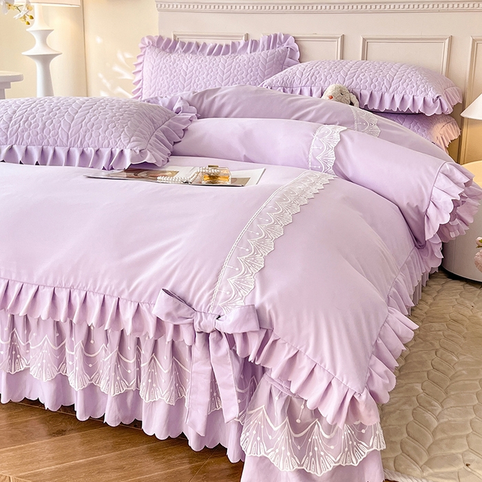 91家纺网 家纺一手货源 找家纺 唐人居 2025新款韩式花边蝴蝶结床盖四件套-优雅恋人 优雅恋人-浅紫