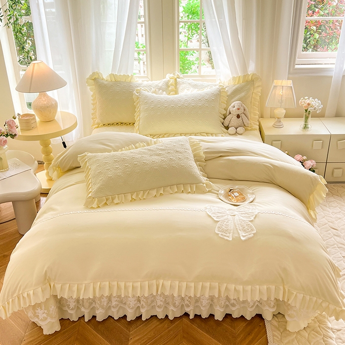 91家纺网 家纺一手货源 找家纺 唐人居 2025新款韩式花边蝴蝶结床盖四件套-浪漫满屋 浪漫满屋-奶白